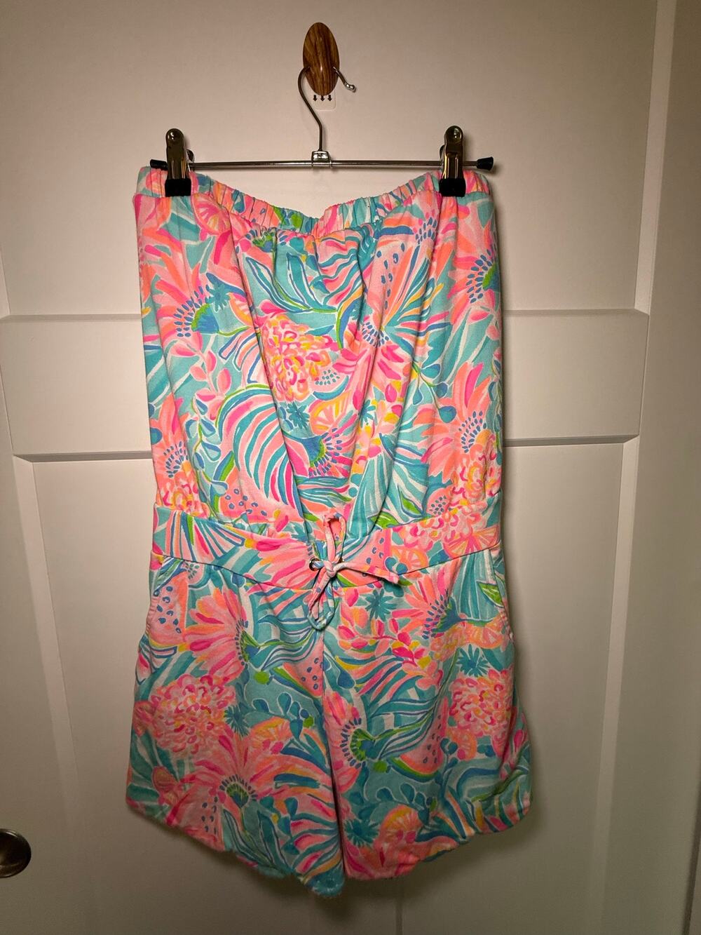Lilly Pulitzer Strapless Romper Tropical Floral Pink Aqua Size S Belted
